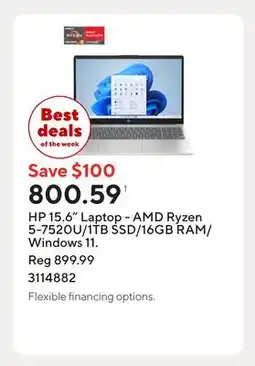 Staples HP 15.6 Laptop - AMD Ryzen 5-7520U/1TB SSD/16GB RAM/Windows 11 offer