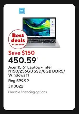 Staples Acer 15.6 Laptop - Intel N150/256GB SSD/8GB DDR5/Windows 11 offer