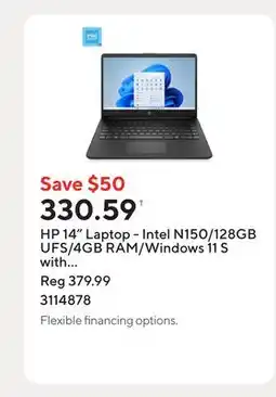 Staples HP 14 Laptop - Intel N150/128GB UFS/4GB RAM/Windows 11 S with 1-year of Microsoft 365 offer