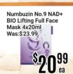 Nations Fresh Foods Numbuzin No.9 NAD+ BIO Lifting Full Face Mask 4x20ml offer