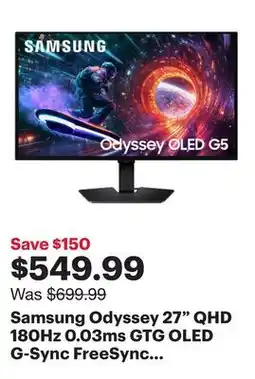 Best Buy Samsung Odyssey 27 QHD 180Hz 0.03ms GTG OLED G-Sync FreeSync Gaming Monitor (LS27FG502SNXZA) - Black offer