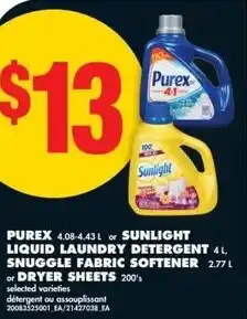 No Frills Purex or sunlight liquid laundry detergent, snuggle fabric softener or dryer sheets offer