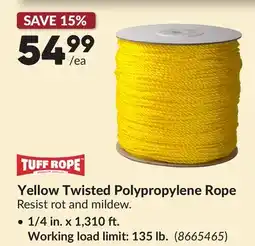 Princess Auto TUFF ROPE Yellow Twisted Polypropylene Rope 1/4 in. x 1,310 ft offer