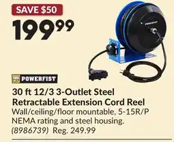 Princess Auto 30 ft12/3 3-Outlet Steel Retractable Extension Cord Reel offer