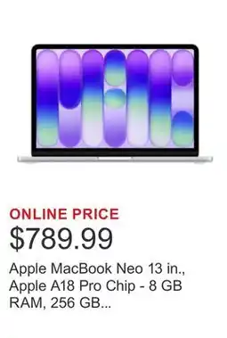 Costco Apple MacBook Neo 13 in., Apple A18 Pro Chip - 8 GB RAM, 256 GB SSD, Silver offer