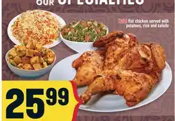 Marché Adonis Halal flat chicken served with potatoes, rice and salads offer