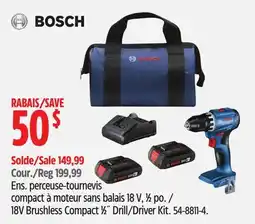Canadian Tire BOSCH 18V Brushless Compact 1⁄2˝ Drill/Driver Kit offer
