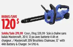Canadian Tire Mastercraft 20V Brushless Chainsaw, 12 with 4Ah Battery & Charger offer