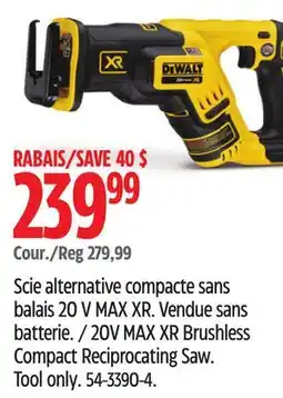 Canadian Tire DEWALT 20V MAX XR Brushless Compact Reciprocating Saw offer