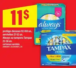Maxi PROTÈGE-DESSOUS 92-108 UN., SERVIETTES 27-52 UN. ALWAYS OU TAMPONS TAMPAX 22-36 UN offer