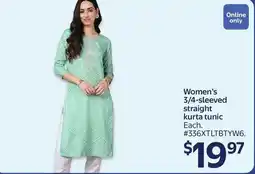 Walmart Women's 3/4-sleeved straight kurta tunic offer
