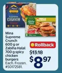 Walmart Mina Supreme Crunch or Zabiha Halal Spicy Chicken Burgers offer