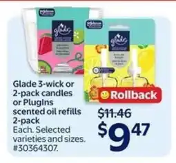 Walmart Glade 3-wick or 2-pack candles or PlugIns scented oil refills 2-pack offer