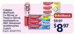 Walmart Colgate MaxFresh or Total Toothpaste or 360° Advanced Toothbrushes offer