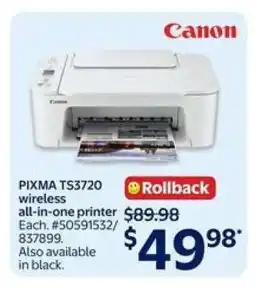 Walmart Canon PIXMA TS3720 Wireless All-in-One Printer offer