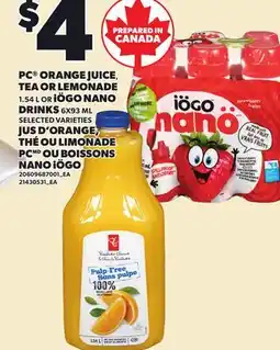 Independent Grocer PC ORANGE JUICE, TEA OR LEMONADE, 1.54 L OR iÖGO NANO DRINKS offer