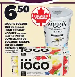 Independent Grocer SIGGI'S YOGURT TUB, 650-750 G OR IÖGO CREAMY YOGURT, 16X100 G offer