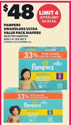 Loblaws PAMPERS SWADDLERS ULTRA VALUE PACK DIAPERS, 120-192'S offer