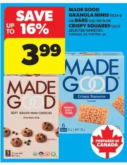 Real Canadian Superstore MADE GOOD GRANOLA MINIS, 5X24 G OR BARS, 120/150 G OR CRISPY SQUARES, 132 G offer