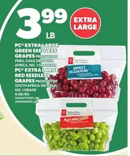 Loblaws PC EXTRA LARGE GREEN SEEDLESS GRAPES OR PC EXTRA LARGE RED SEEDLESS GRAPES offer