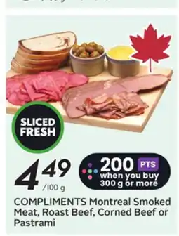Sobeys COMPLIMENTS Montreal Smoked Meat, Roast Beef, Corned Beef or Pastrami offer