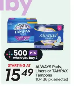 Sobeys ALWAYS Pads, Liners or TAMPAX Tampons offer
