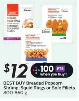 Sobeys BEST BUY Breaded Popcorn Shrimp, Squid Rings or Sole Fillets offer