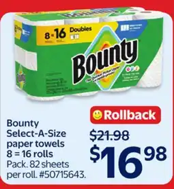 Walmart Bounty Select-A-Size paper towels 8 = 16 rolls offer