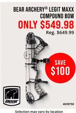 Cabela's BEAR ARCHERY LEGIT MAXX COMPOUND BOW ONLY offer