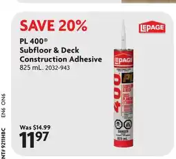 Home Hardware PL 400 Subfloor & Deck Construction Adhesive offer