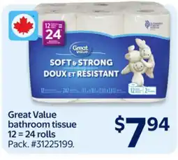 Walmart Great Value bathroom tissue 12 = 24 rolls offer