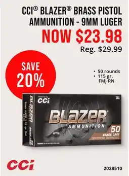 Cabela's CCI BLAZER BRASS PISTOL AMMUNITION-9MM LUGER offer