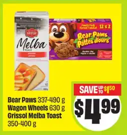 FreshCo Bear Paws 337-490 g, Wagon Wheels 630 g, Grissol Melba Toast 350-400 g offer