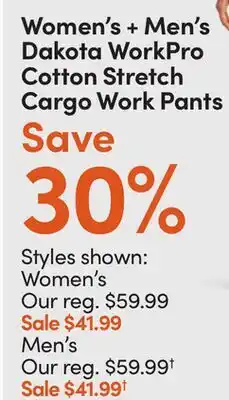 Mark's Women's + Men's Dakota WorkPro Cotton Stretch Cargo Work Pants offer