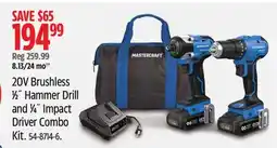Canadian Tire MASTERCRAFT 20V Brushless 1⁄2˝ Hammer Drill and 1⁄4˝ Impact Driver Combo Kit offer