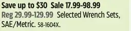 Canadian Tire Mastercraft Selected Wrench Sets, SAE/Metric offer