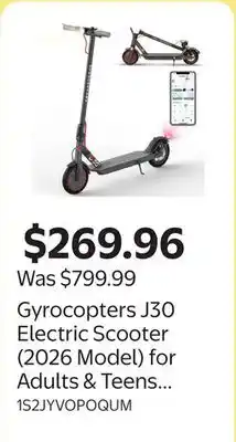 Walmart Gyrocopters J30 Electric Scooter (2026 Model) for Adults & Teens with App offer