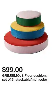 IKEA GREJSIMOJS Floor cushion, set of 3, stackable/multicolor offer