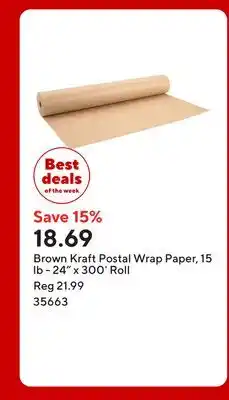 Staples Brown Kraft Postal Wrap Paper, 15 lb - 24 x 300' Roll offer