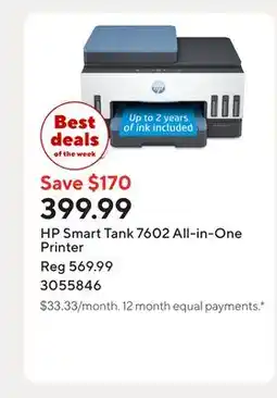 Staples HP Smart Tank 7602 All-in-One Printer offer