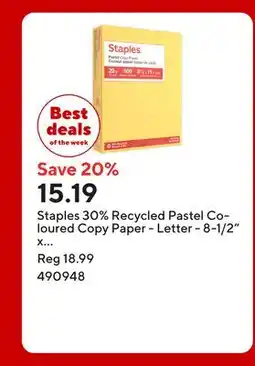 Staples Staples 30% Recycled Pastel Coloured Copy Paper - Letter - 8-1/2 x 11 - Canary Yellow offer