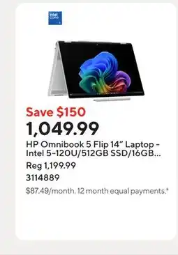 Staples HP Omnibook 5 Flip 14 Laptop - Intel 5-120U/512GB SSD/16GB RAM/Windows 11 Home offer