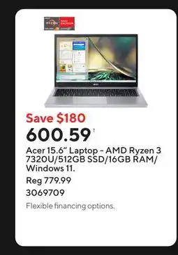 Staples Acer 15.6 Laptop - AMD Ryzen 3 7320U/512GB SSD/16GB RAM/Windows 11 offer