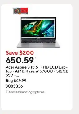 Staples Acer Aspire 3 15.6 FHD LCD Laptop - AMD Ryzen7 5700U - 512GB SSD - 16GB RAM - Windows 11 - Silver offer