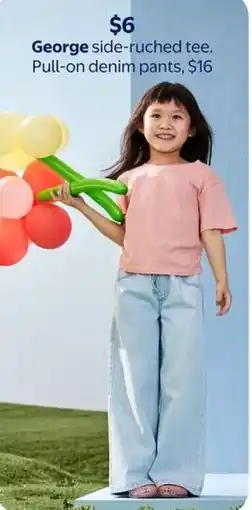 Walmart George side-ruched tee. Pull-on denim pants offer
