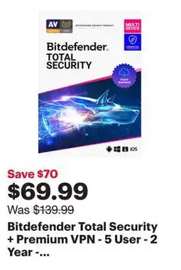 Best Buy Bitdefender Total Security + Premium VPN - 5 User - 2 Year - Digital Download offer