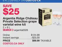 Costco Argentia Ridge Château Private Selection grape varietal wine kit offer