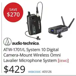 Vistek Audio-Technica ATW-1701/L System 10 Digital Camera-Mount Wireless Omni Lavalier Microphone System offer