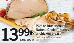 Loblaws PC or Blue Menu Natural Choice turkey lb or chicken breast deli sliced or shaved offer