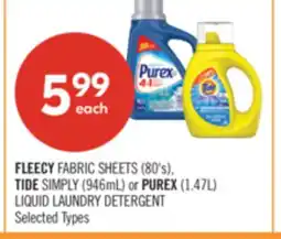 Shoppers Drug Mart FLEECY FABRIC SHEETS (80's), TIDE SIMPLY (946mL) or PUREX (1.47L) LIQUID LAUNDRY DETERGENT offer